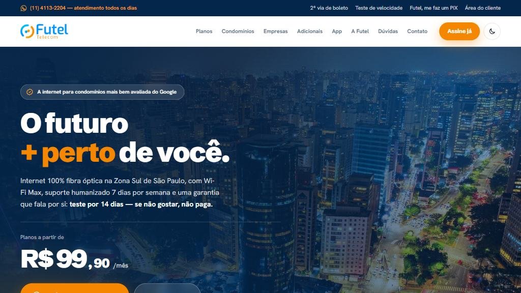 Tela inicial do site Futel Telecom